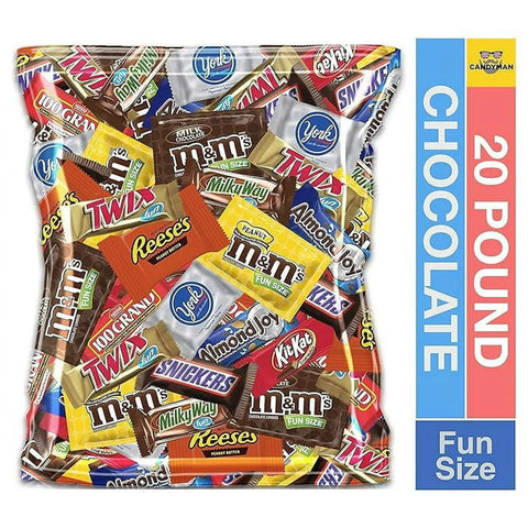 CANDYMAN (20 Pound) Bundle of Variety Assortment Chocolate Mix Bulk Pack M&M's Peanut, M&M's Plain, Peanut Butter Cups, Snickers, Twix, Milky Way for Chrisatmas Office Party